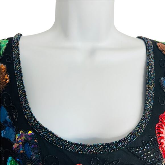 Vintage 80s 90s Floral Beaded Sequin Silk Long Sleeve Black Sheath Dress size L - Picture 7 of 15